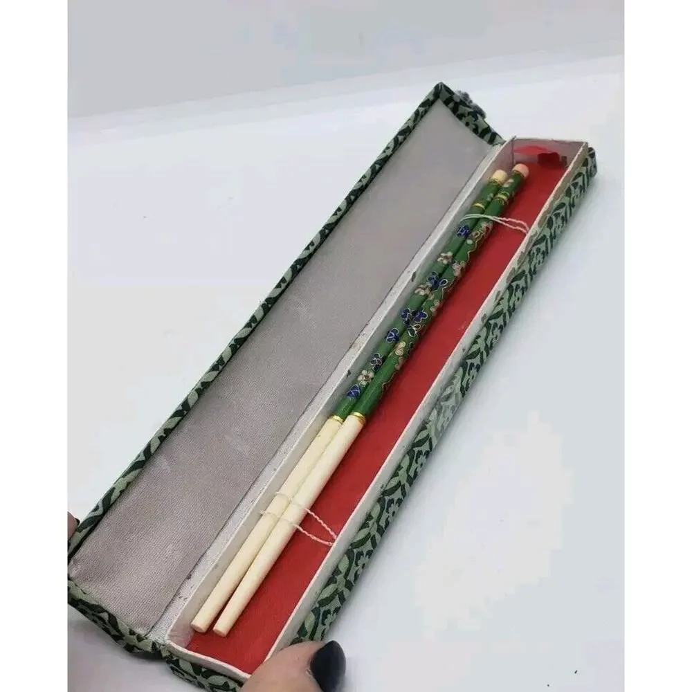 New Old Stock Vintage Cloisonne Chopsticks GREEN floral enamel with box